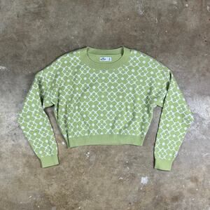Hollister Women’s Cropped Floral Sweater Size M Green White Knit Pullover